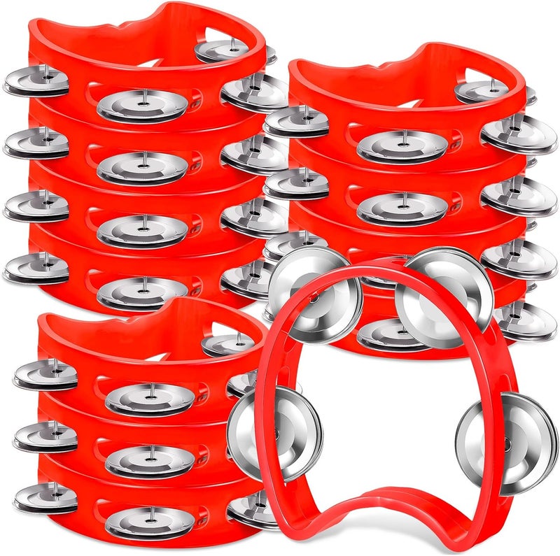 Lukmaa 12 Pcs Plastic Percussion Tambourine with 4 Bells Rhythm Musical Instruments for Adults Hand Tambourine Hand Held Percussion Drum for Party Kindergarten Family School Supplies (Red) - Image 1